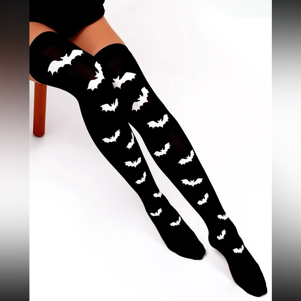 Black Thigh-High Socks with White Bat Design 🦇